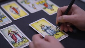 mains tirant des cartes de tarot pour consultation amoureuse