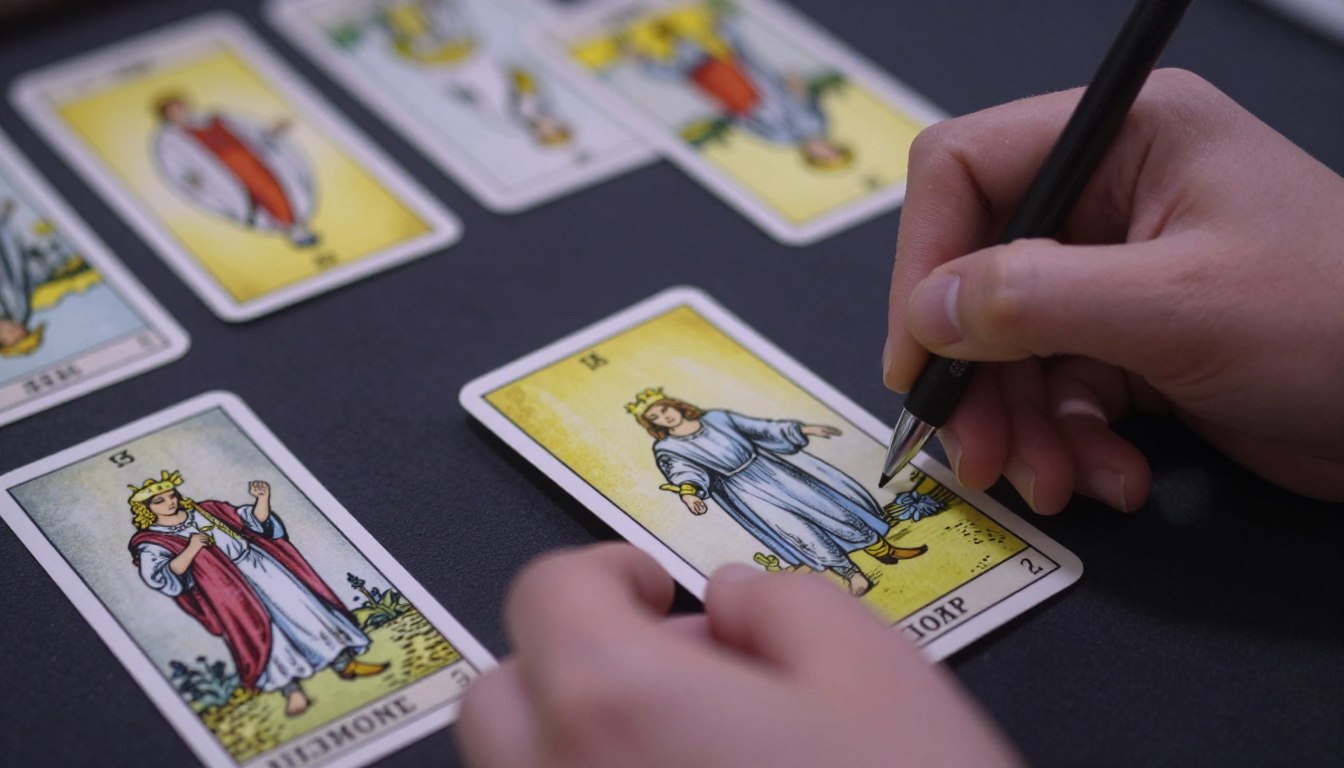 Mains tirant des cartes de tarot pour une consultation amoureuse